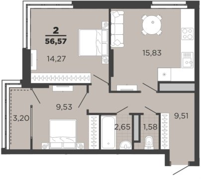 2-к квартира, 10/22 эт., 56м²
