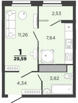1-к квартира, 5/26 эт., 29м²