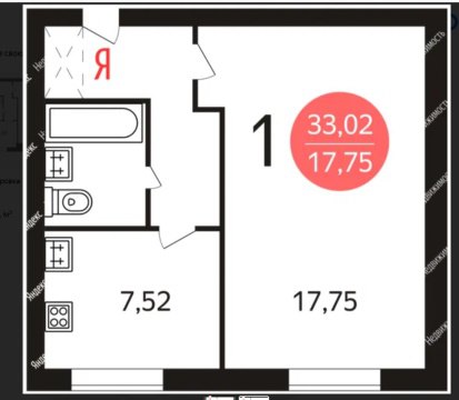 1-к квартира, 2/9 эт., 33м²