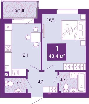1-к квартира, 1/4 эт., 41м²