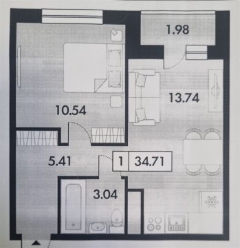 1-к квартира, 1/7 эт., 34м²