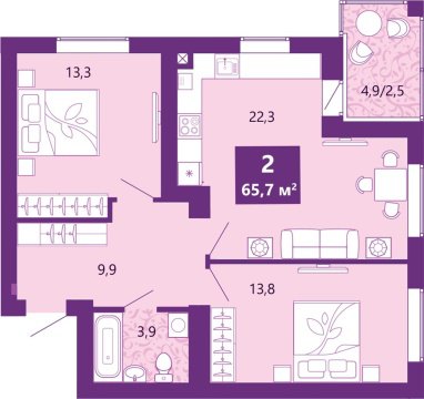 2-к квартира, 3/4 эт., 66м²