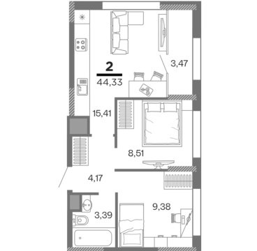 2-к квартира, 4/16 эт., 44м²