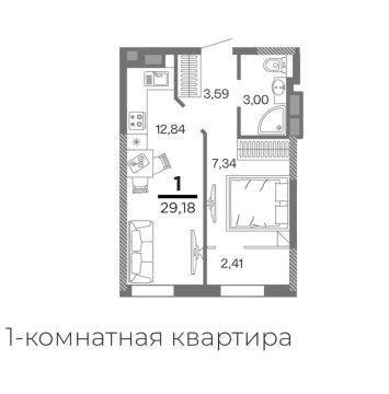 1-к квартира, 9/25 эт., 29м²