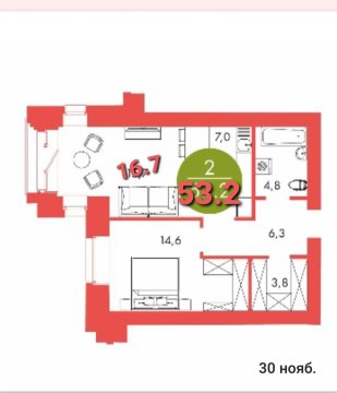 2-к квартира, 6/17 эт., 53м²