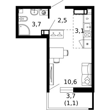 Студия, 14/17 эт., 21м²