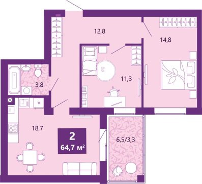 2-к квартира, 2/4 эт., 65м²