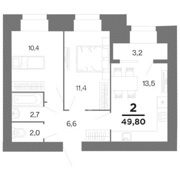 2-к квартира, 12/15 эт., 49м²