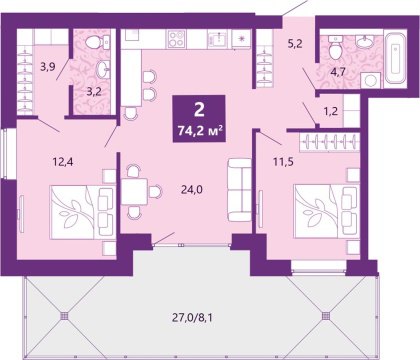 2-к квартира, 1/4 эт., 75м²