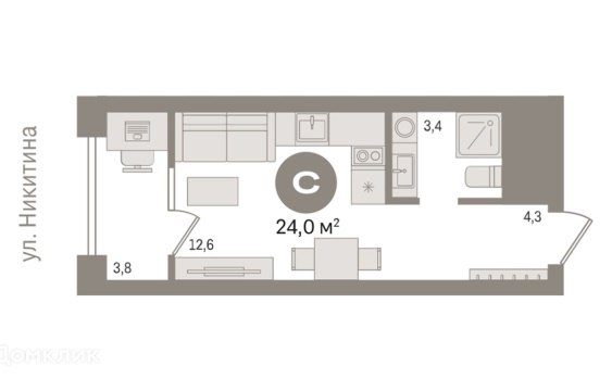 Студия, 8/17 эт., 23м²