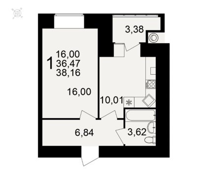 1-к квартира, 2/15 эт., 38м²